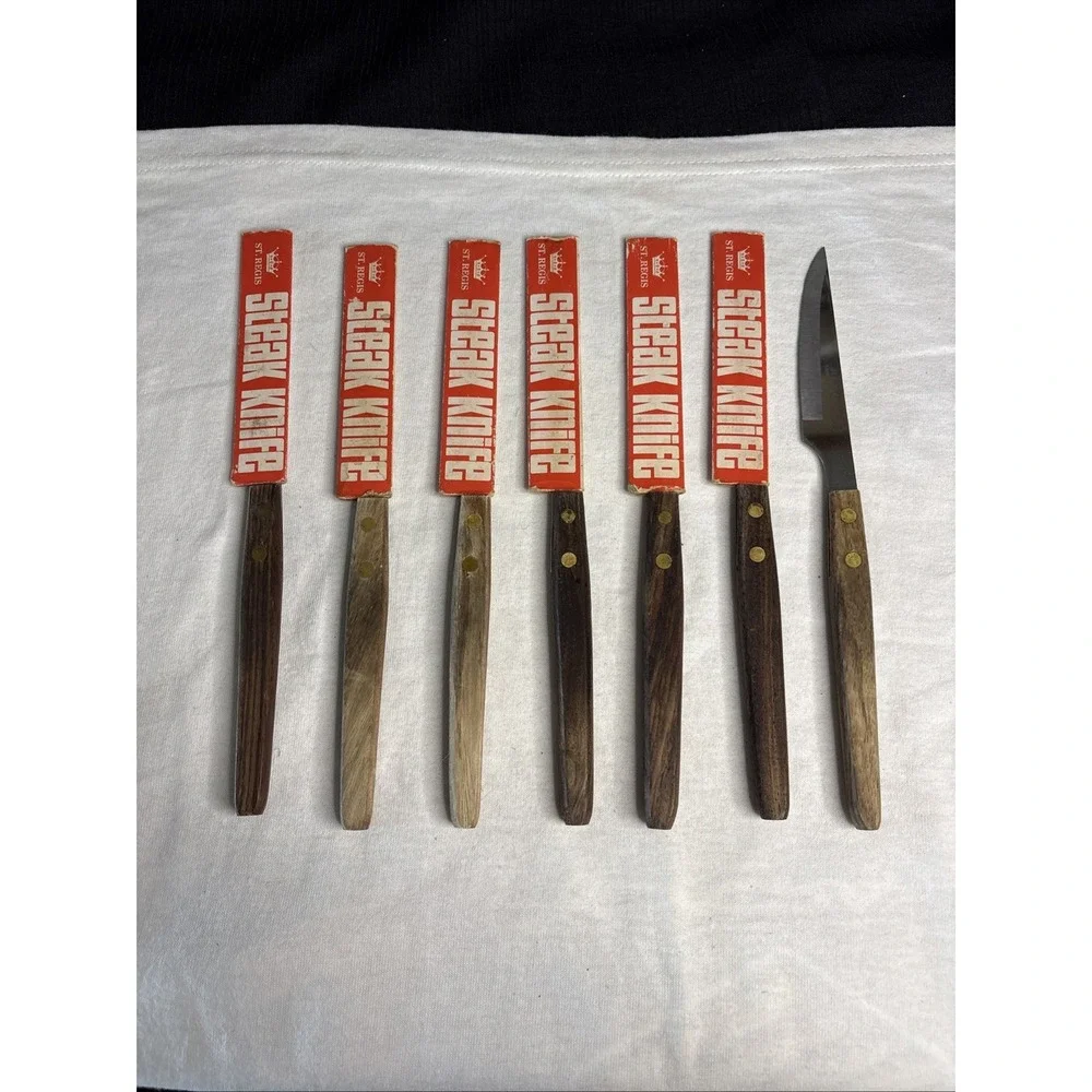 7 Vtg St Regis Stainless Steel Steak Knife Wood Handles Mid Century Japan